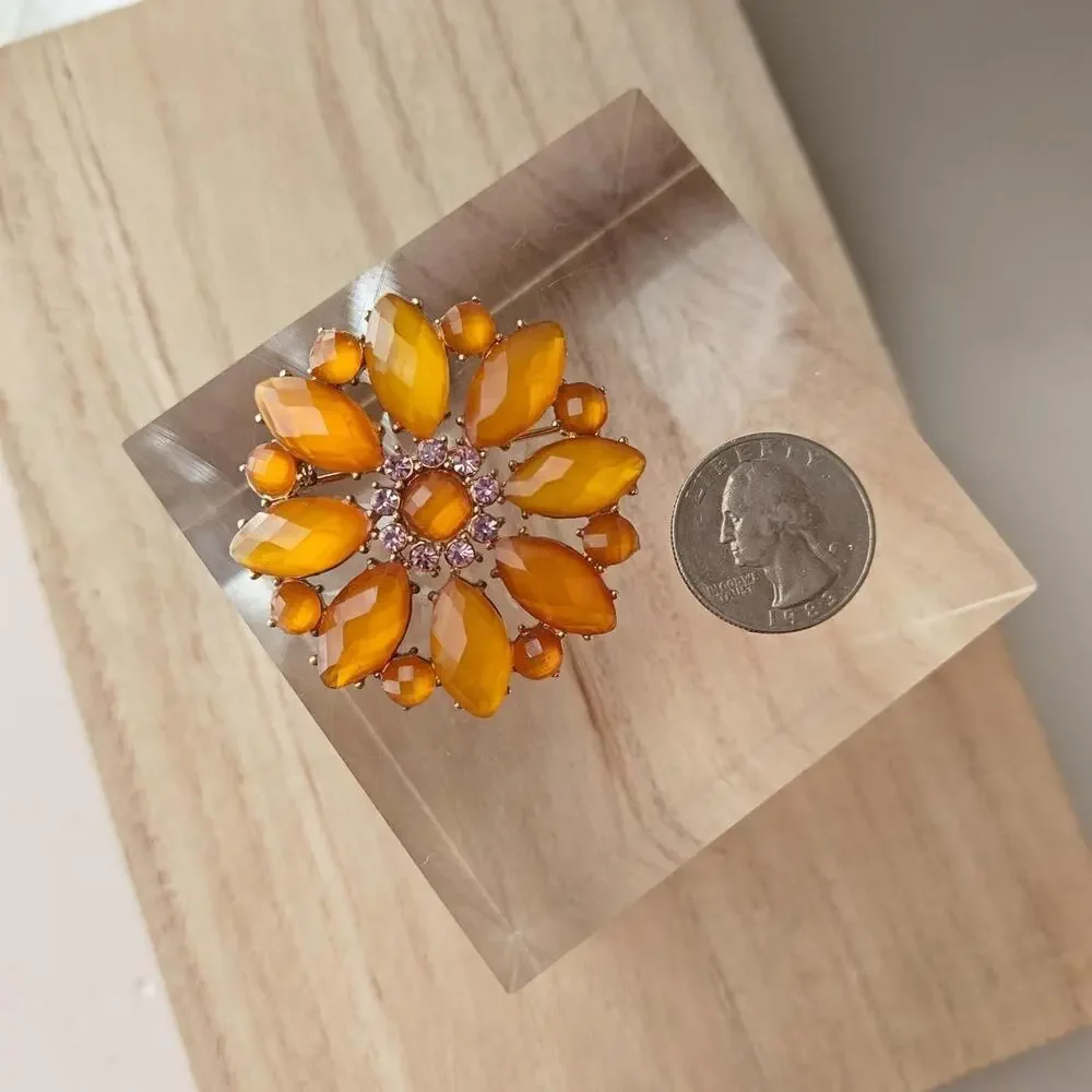 Liz Claiborne signed orange and pink floral glass brooch